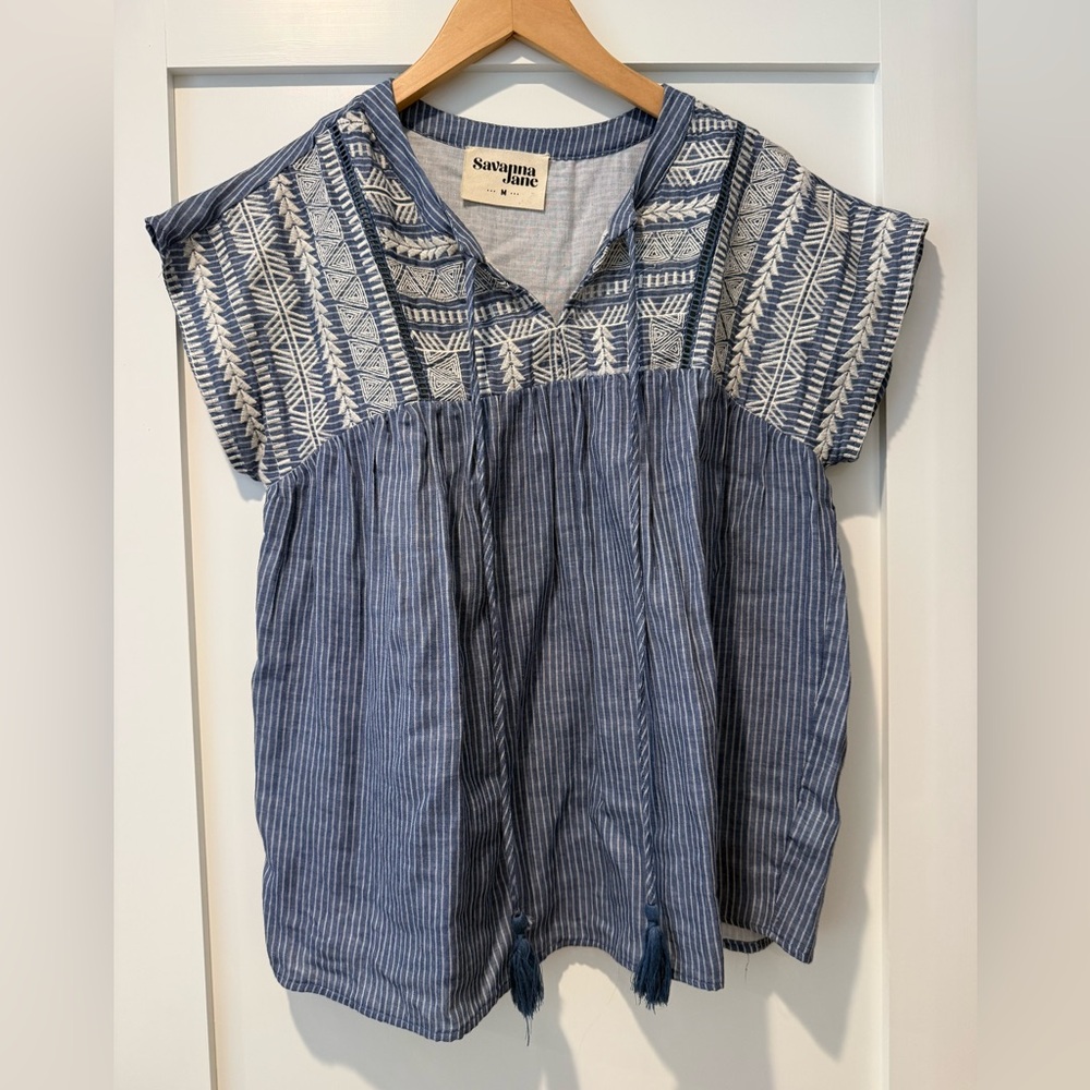 Savanna Jane Striped Blue and White Tassel Blouse